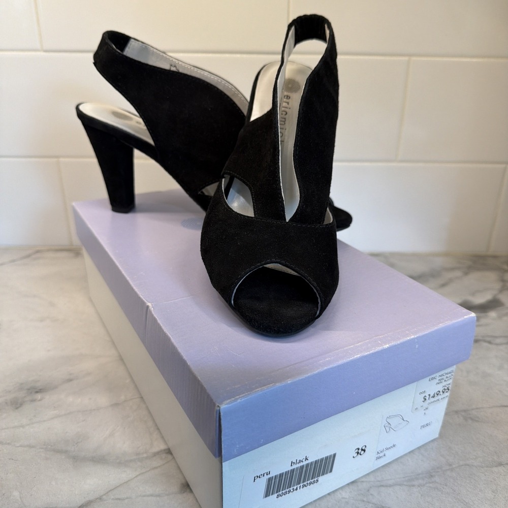 Eric Michael Women's EU 38 Peru Black Suede Leather Slingback Peep Toe Heels - Picture 13 of 15